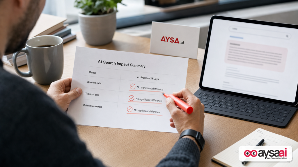 Marketer reviewing a simple printout comparing bounce rate, time on site, and return-to-search with no significant differences.