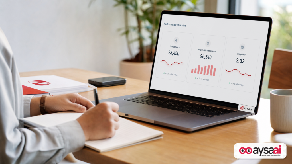 Marketer reviewing a simplified dashboard showing unique reach and frequency metrics across campaigns.