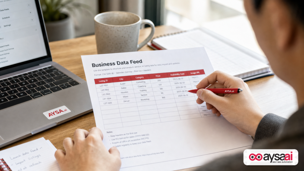 Marketer reviewing a structured business data feed template for dynamic ads.