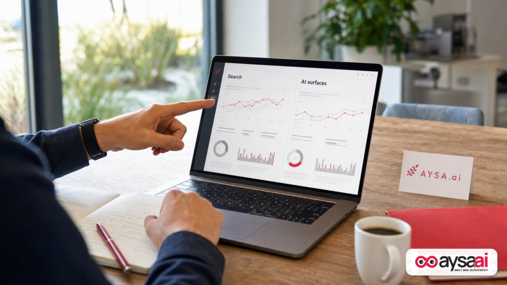 Marketer reviewing a unified search and AI visibility reporting concept on a laptop.