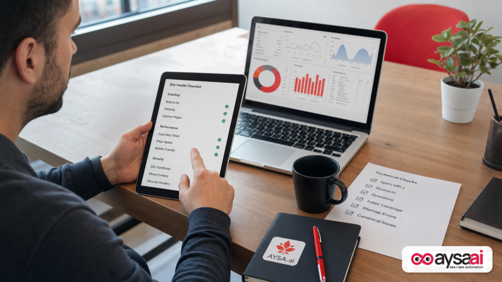 Marketer reviewing a website health checklist to prevent SEO losses after a security incident.