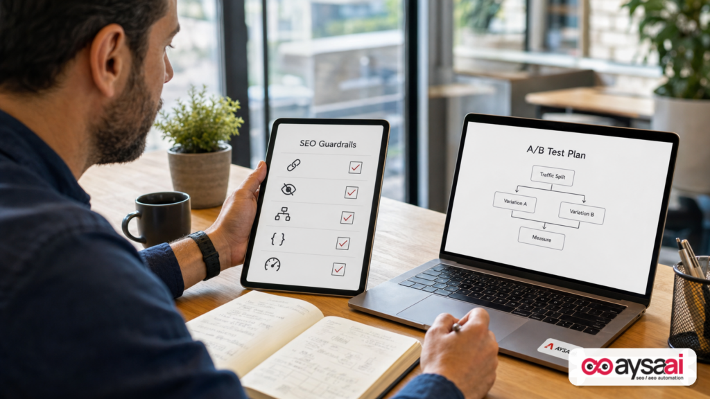 Marketer reviewing an SEO guardrails checklist before launching a conversion rate optimization test.