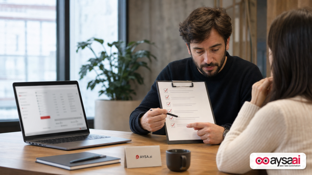 Marketer reviewing an audit checklist next to a laptop during an agentic browsing readiness review.
