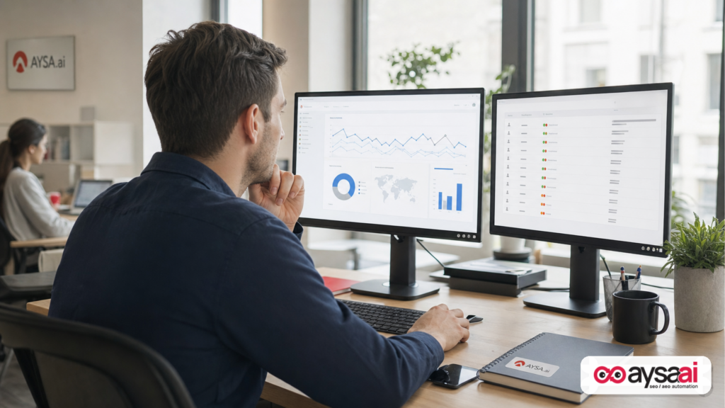 Marketer reviewing analytics dashboards and session classifications to distinguish human and automated visits.