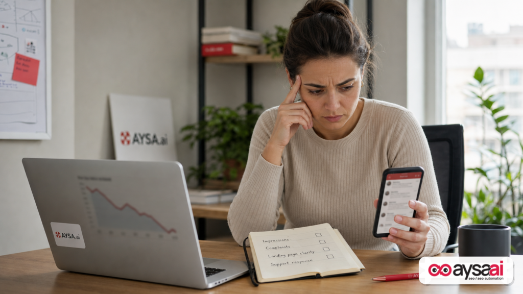 Marketer reviewing declining ad impressions alongside customer complaint signals and a troubleshooting checklist.