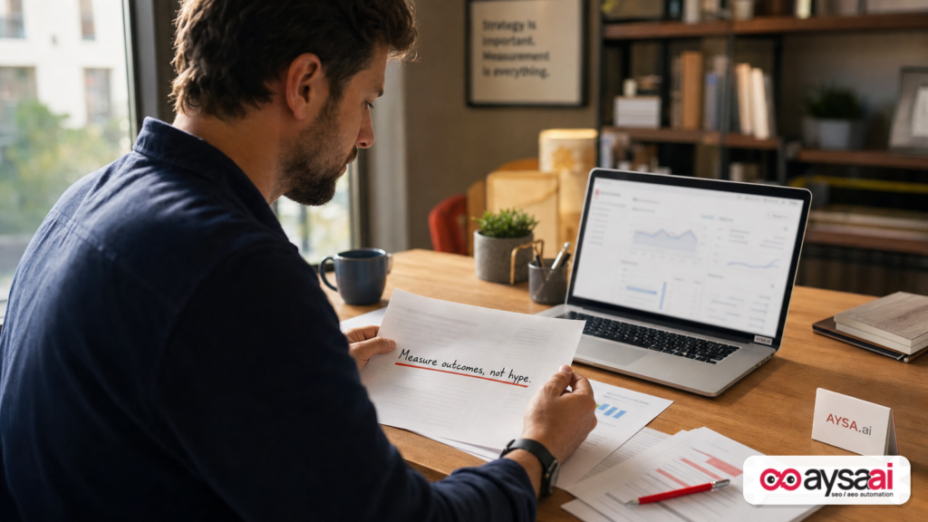 Marketer reviewing employment and performance data to avoid AI hype-driven claims.