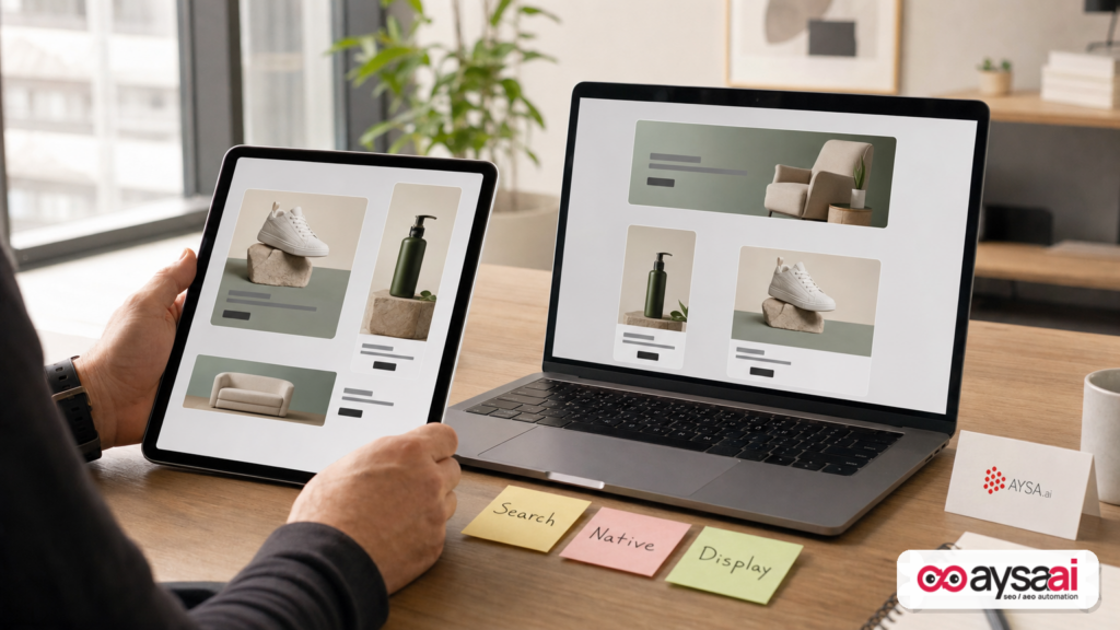 Marketer reviewing generic ad mockups in multiple sizes on a tablet and laptop before campaign launch.
