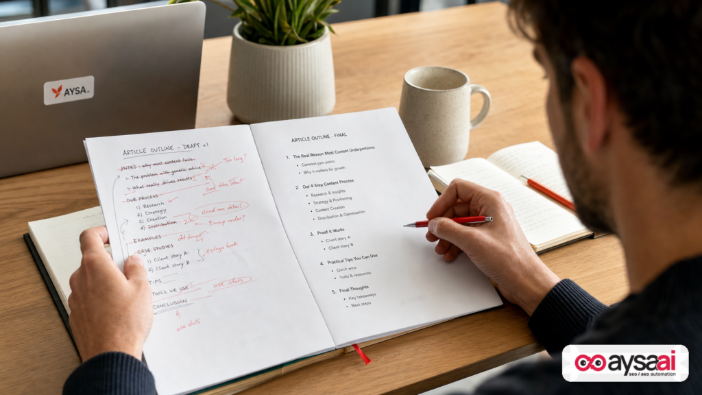 Marketer rewriting a messy article outline into a clearer structure.