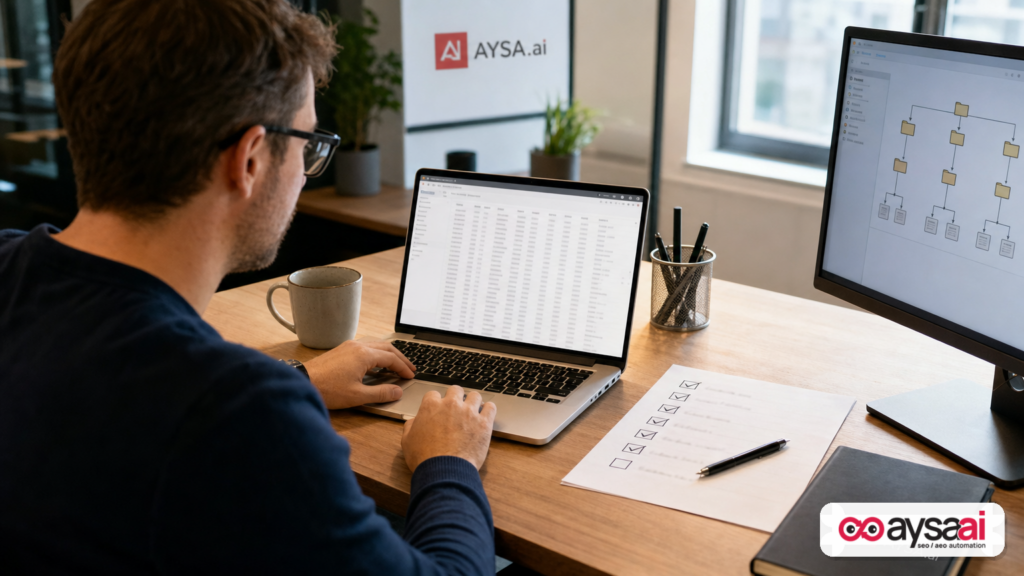 Marketer running a simple internal link audit using a checklist and crawl export.