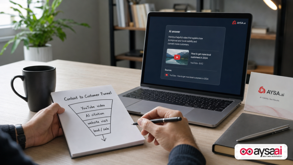 Marketer sketching a YouTube-to-AI-citation funnel next to a laptop with a fictional AI answer card.