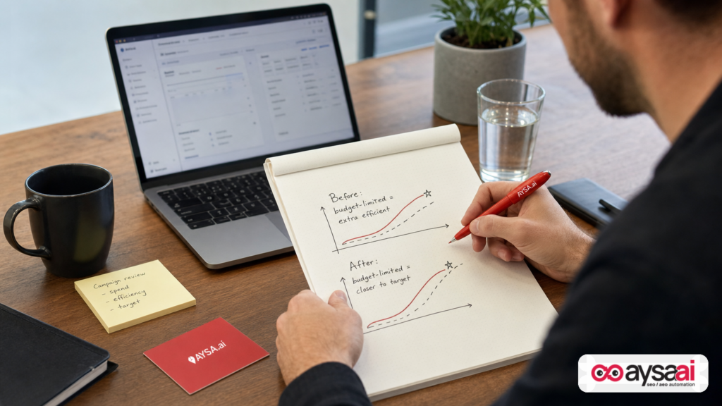Marketer sketching a before-and-after concept of Smart Bidding behavior for budget-limited campaigns.