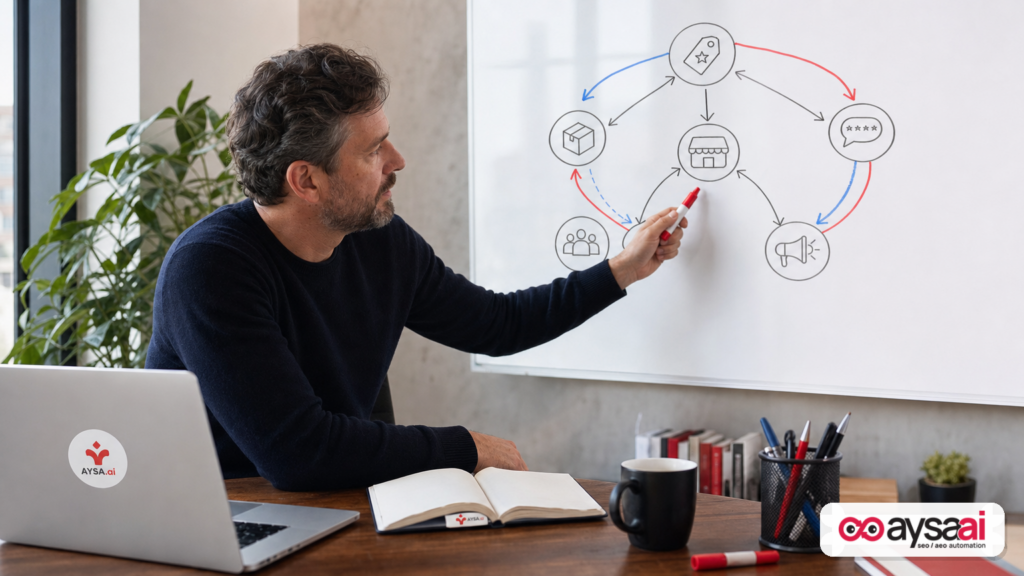 Marketer sketching a concept map of brand mentions and citations, comparing earned credibility vs paid placements.