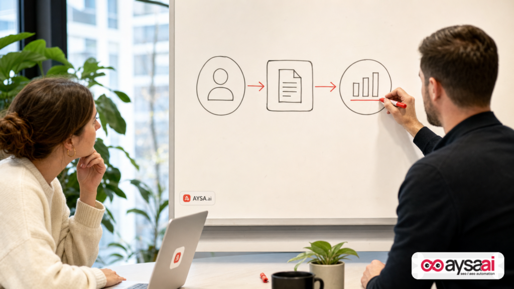 Marketer sketching a simple account-level review flow on a whiteboard in a bright office.