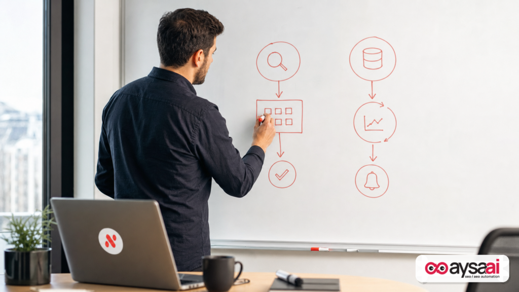 Marketer sketching a simple diagram comparing one-and-done search versus persistent search that notifies later.
