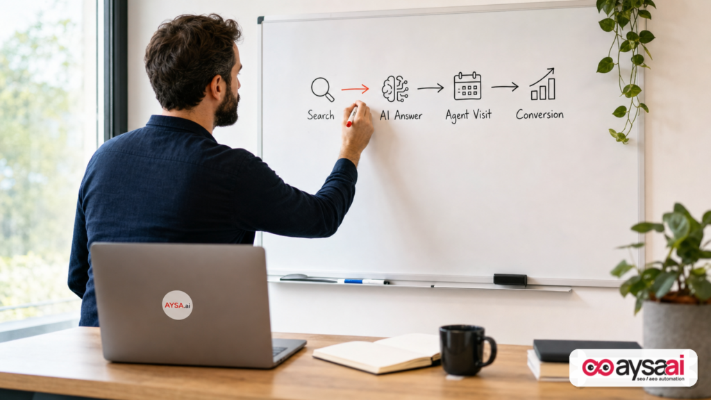 Marketer sketching an AI-assisted search journey on a whiteboard next to a laptop with a subtle AYSA.ai sticker.