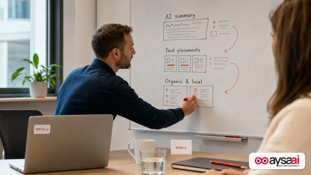 Marketer sketching how AI summaries, paid placements, and organic listings influence each other in modern search.