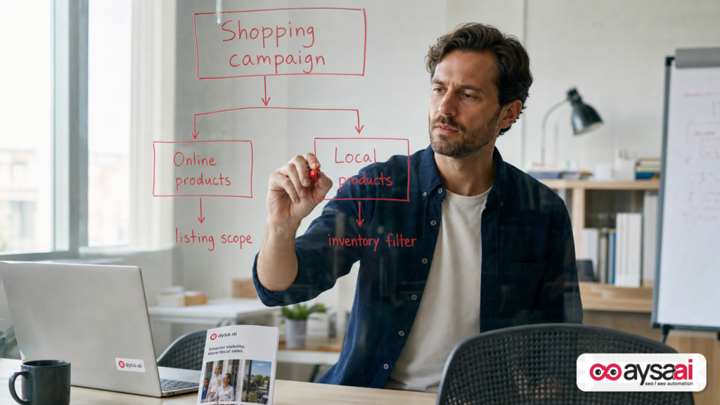 Marketer sketching how Shopping campaigns split into online and local products using listing scope and inventory filters.
