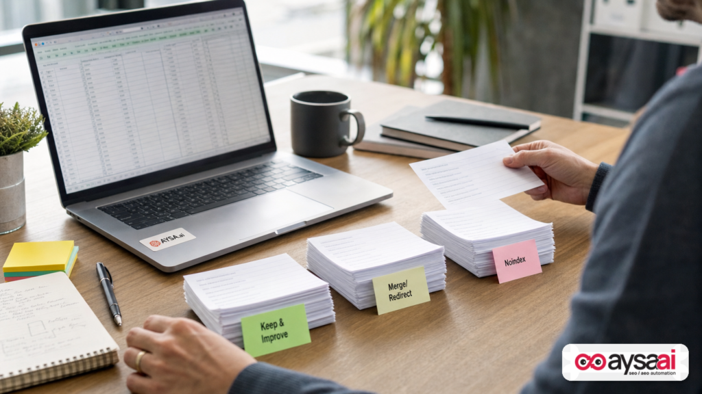 Marketer triaging a list of URLs into keep, merge, and noindex piles.