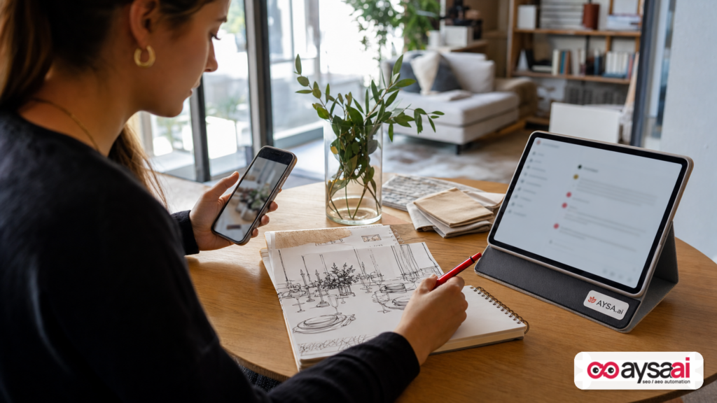 Marketer using phone and tablet to visualize a tablescape concept, representing multimodal AI search.