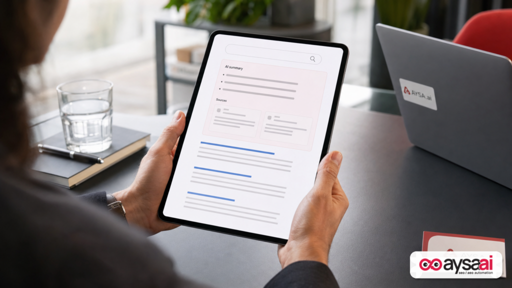 Marketer viewing a generic AI summary card above traditional organic results on a tablet.