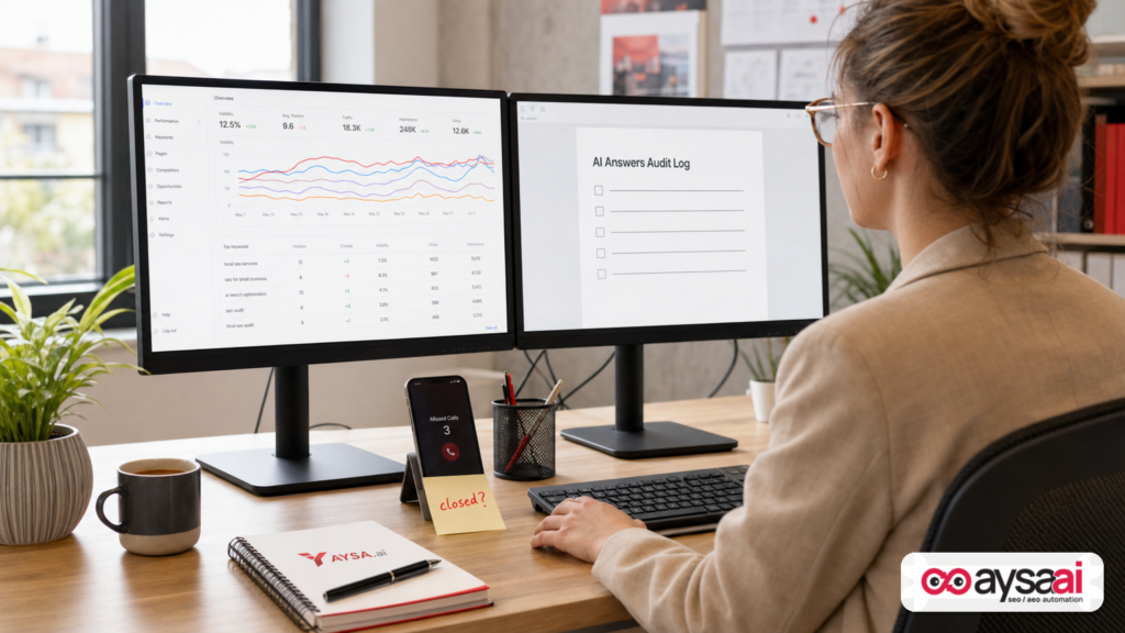 Marketer viewing analytics and an AI answers audit log to highlight that AI misstatements don’t appear in standard SEO reports.