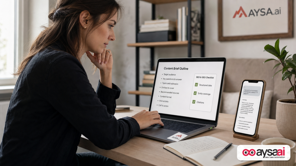 Marketer working on content and structured data to appear in AI-driven answers.