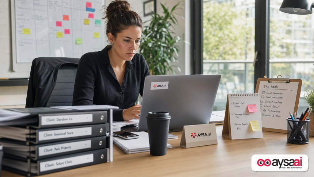 Marketer working quickly at a busy desk with checklists and campaign notes.