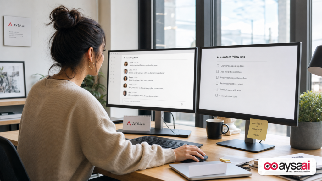 Marketer working with a team chat and a task list showing persistent AI follow-ups.