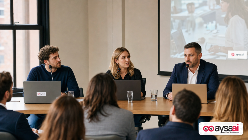Marketers attending a technical search Q&A session in a small conference room.