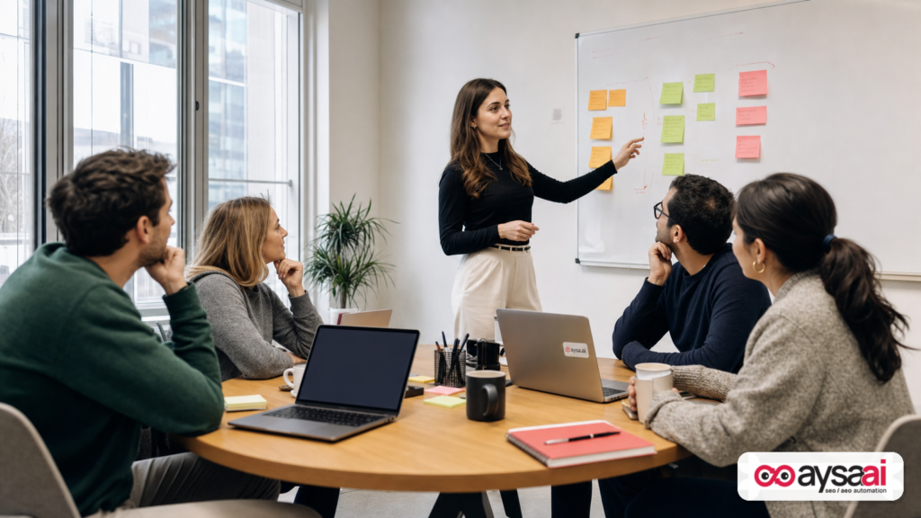 Marketers collaborating in a small roundtable session about search strategy.