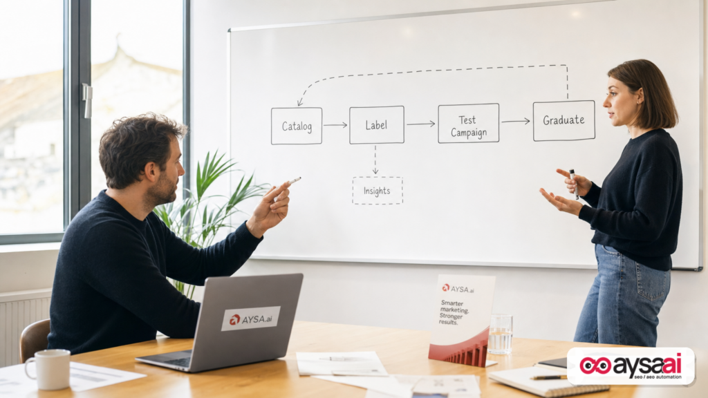 Marketers mapping a simple workflow to test and graduate overlooked products.