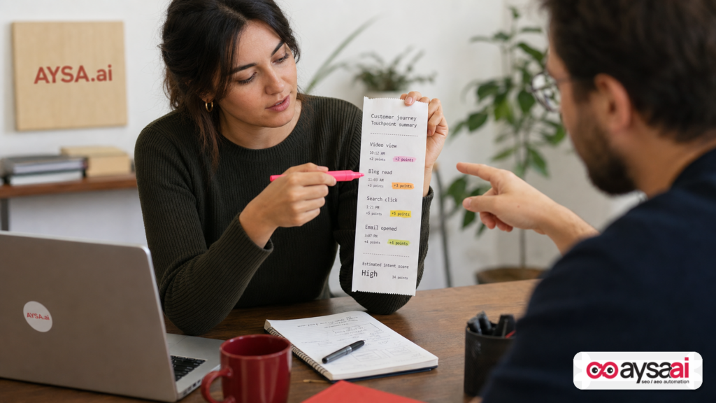 Marketers reviewing a printed list of marketing touchpoints leading to a purchase.