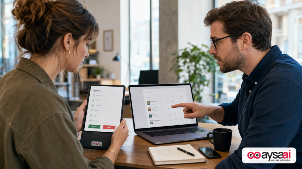 Marketing and engineering reviewing and approving technical SEO changes before deployment.