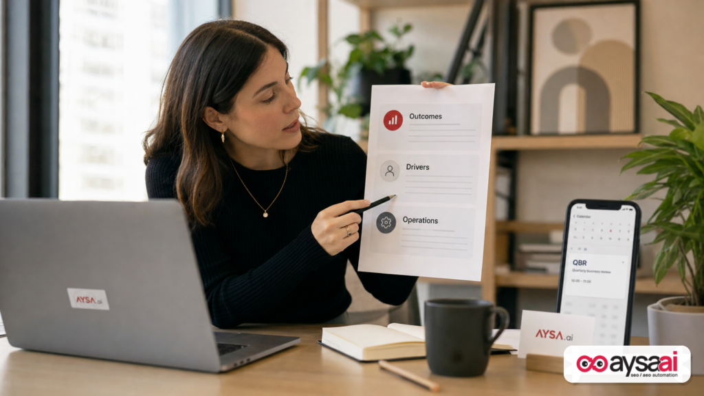 Marketing manager reviewing a one-page SEO report structured for executives with outcomes, drivers, and operations sections.