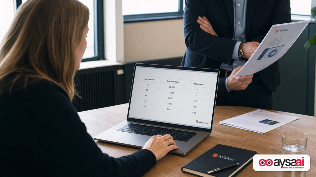 Marketing manager reviewing an AI ROI report focused on hours saved while an executive evaluates budget implications.