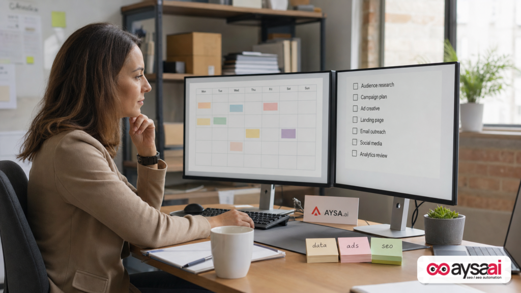 Marketing manager working through a simplified performance checklist in a small business office.