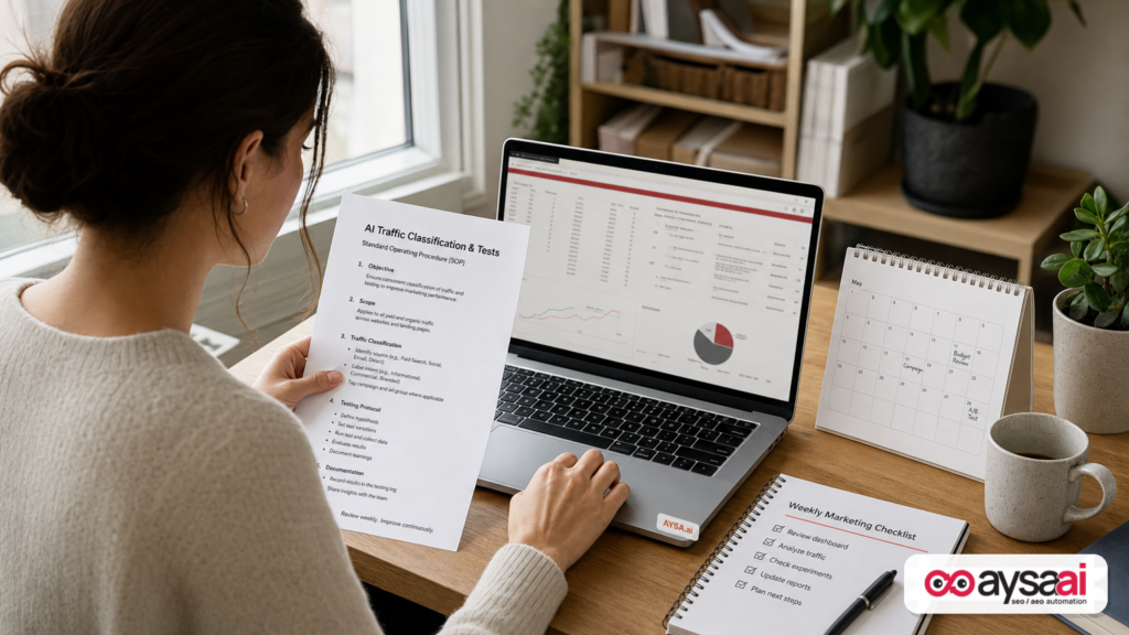 Marketing operator preparing a printed SOP for AI traffic classification and incrementality testing.