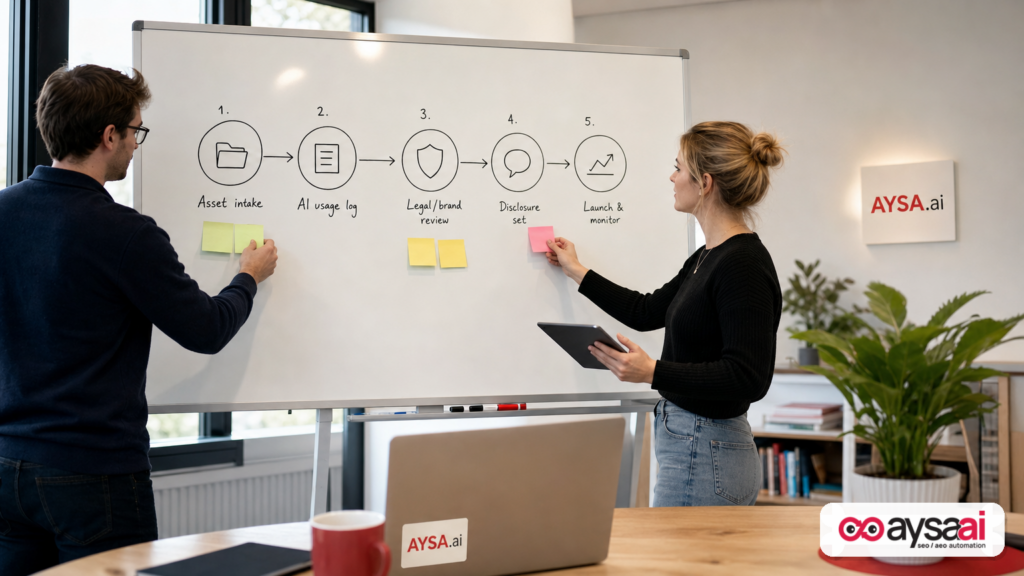 Marketing team building a five-step workflow on a whiteboard to track AI usage and disclosures for ads.