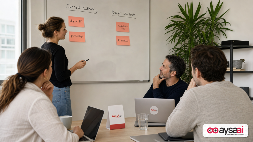 Marketing team comparing earned authority versus bought shortcuts for AI visibility.