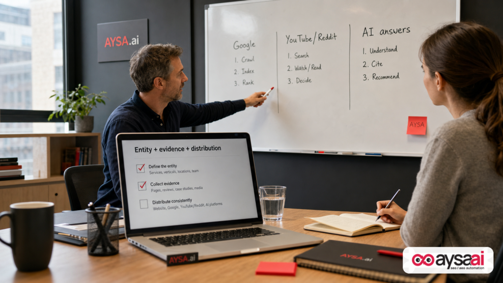 Marketing team mapping Google, social search, and AI answers on a whiteboard.
