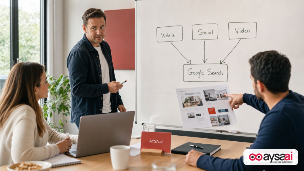 Marketing team mapping how website, social posts, and videos drive discovery from Google Search