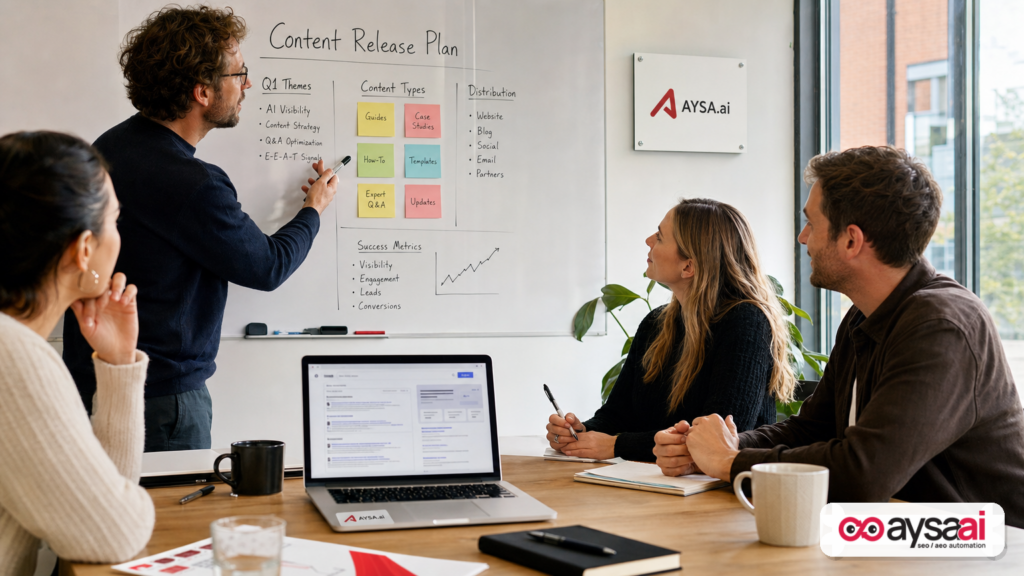Marketing team planning content and reviewing a search results mockup with AI-style summaries.