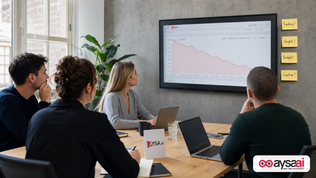 Marketing team reviewing a declining performance chart and a checklist of potential issues.