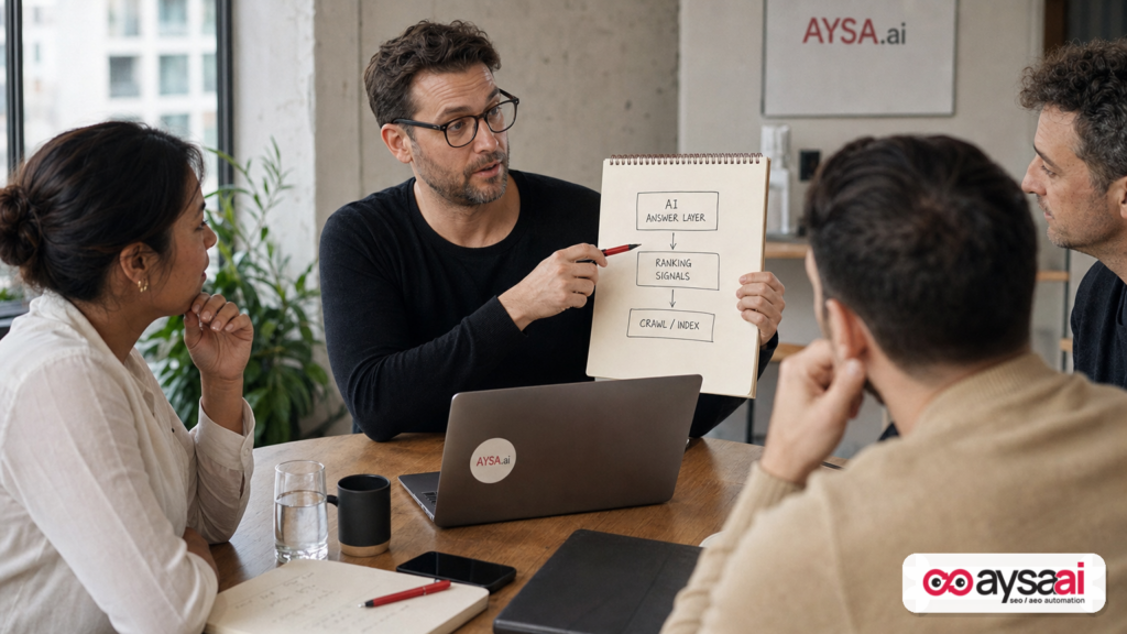 Marketing team reviewing a layered diagram of search signals feeding an AI answer layer.