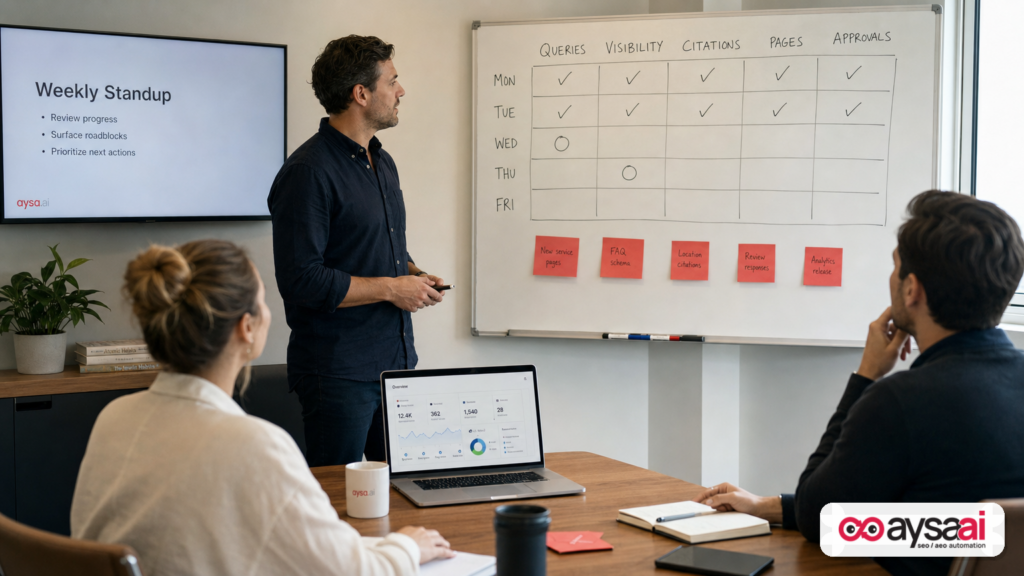 Marketing team reviewing a weekly AI search visibility monitoring checklist in a meeting.