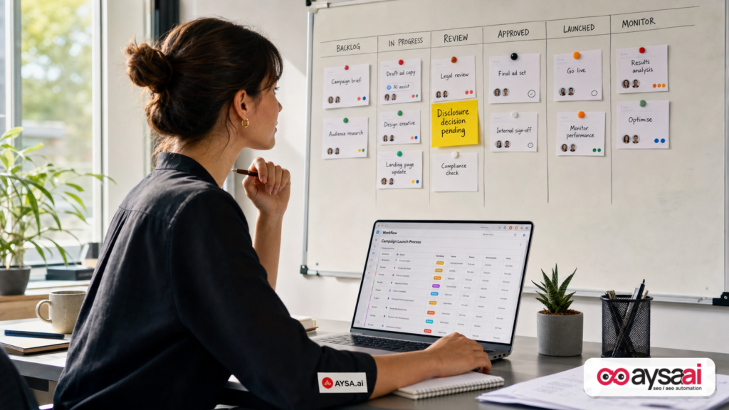 Marketing workflow board highlighting a pending decision about AI disclosure for ad creative.
