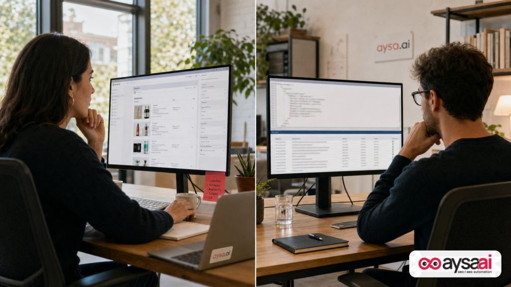 Merchandising and technical teams working on category pages and product structured data side by side.