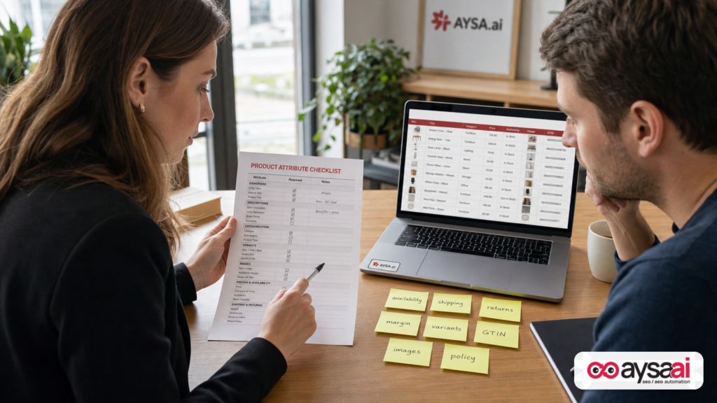 Merchandising manager and developer validating a structured product attribute checklist for AI shopping recommendations.