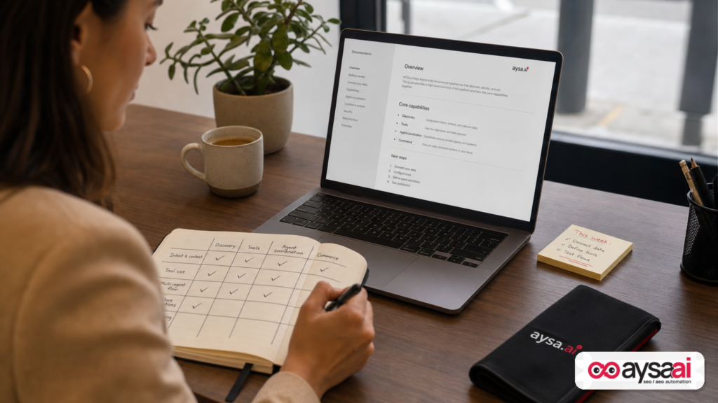 Notebook comparison grid mapping discovery, tools, coordination, and commerce to AI agent standards.