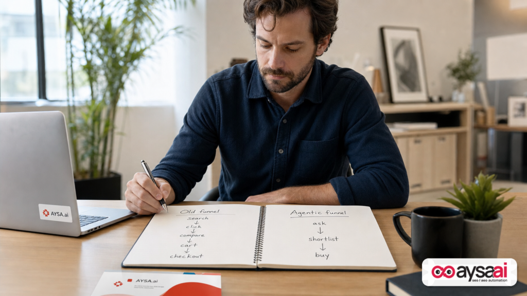 Notebooks showing old shopping funnel versus agent-driven shortlist funnel on a small business owner’s desk.